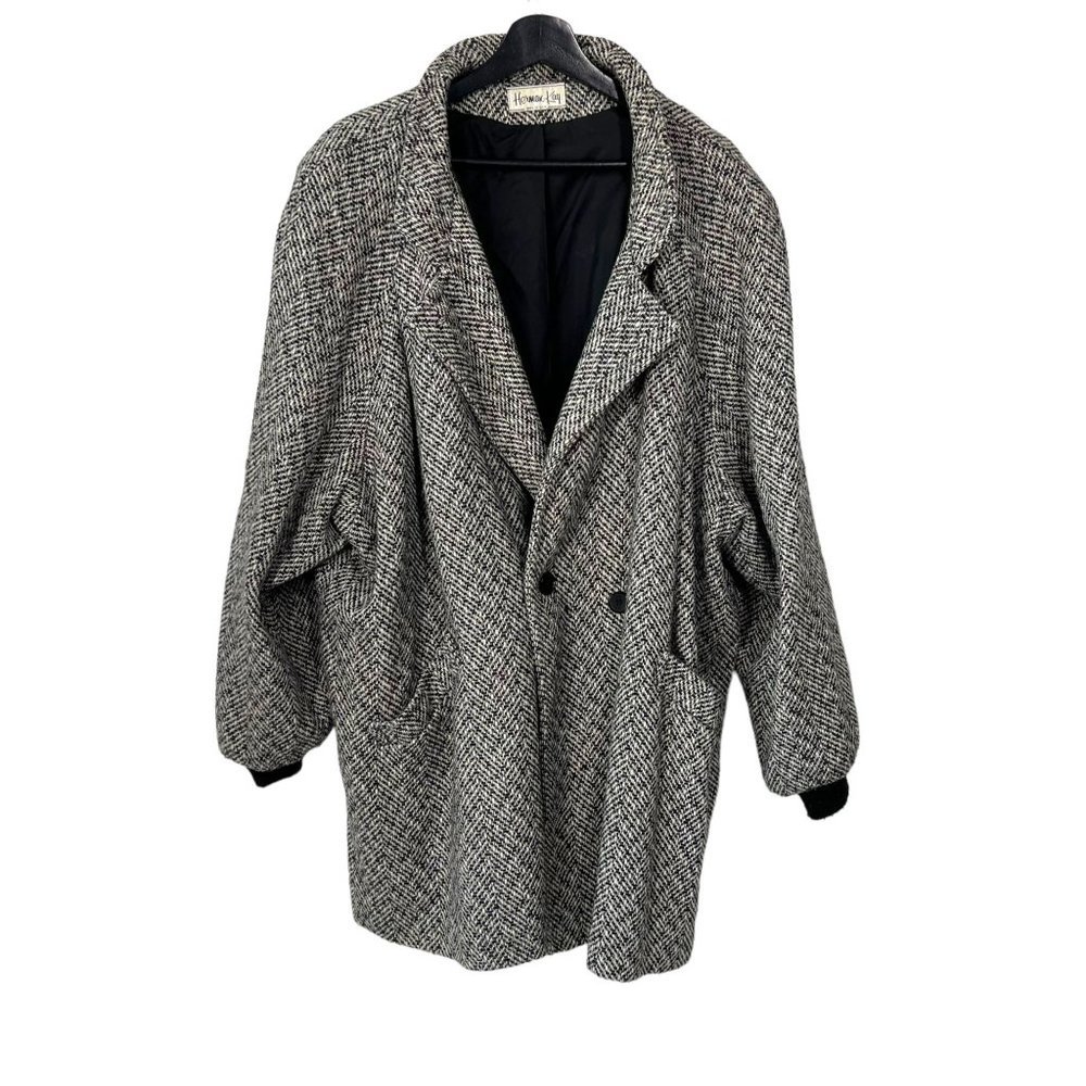 Vintage 80s Black Grey Wool Knit Blend Oversized Jacket 2XL